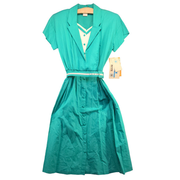 Toni Petite Women's Button-Up Shirt Dress Green 12P Shoulder Pads Vintage W/Tags - Picture 1 of 15